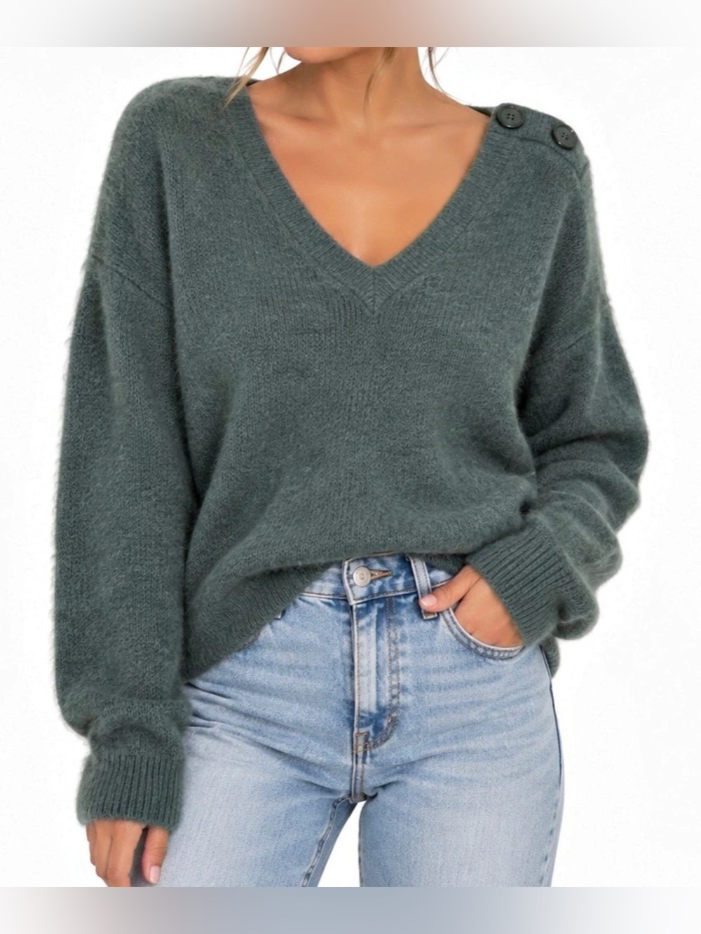 Sézane Mohair Alpaca V-Neck Button Shoulder Sweater - Size M